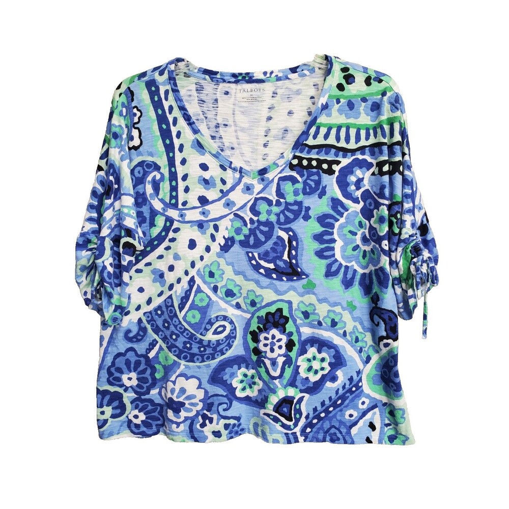 Talbots Slub Knit Paisley Tie-Sleeve V-Neck T-Shirt Size XL